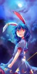 1girl animal_ears blue_dress blue_hair bunny_tail clouds cloudy_sky cowboy_shot crying dress kutsuki_kai looking_at_viewer open_mouth puffy_short_sleeves puffy_sleeves rabbit_ears red_eyes seiran_(touhou) short_sleeves sky solo tail touhou wavy_mouth 