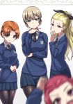  4girls assam black_legwear blonde_hair blue_eyes blue_skirt braid cowboy_shot darjeeling dress_shirt emblem girls_und_panzer hair_ribbon hand_on_own_chin hand_on_own_face highres long_hair long_sleeves looking_at_viewer miniskirt multiple_girls necktie orange_hair orange_pekoe pantyhose photobomb pleated_skirt redhead ribbon rosehip school_uniform shirt short_hair skirt standing sweater tied_hair twin_braids v-neck white_shirt yamaori 