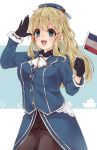 1girl :d absurdres atago_(kantai_collection) beret black_gloves blonde_hair breasts gloves green_eyes hands_raised hat highres kantai_collection large_breasts long_hair military military_uniform neckerchief open_mouth pantyhose samiharu smile solo uniform 