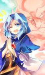  1boy 1girl beard blue_eyes blue_hair bracelet capelet facial_hair hands_together hood japanese_clothes jewelry kumoi_ichirin kutsuki_kai long_sleeves looking_at_viewer one_eye_closed open_mouth smile touhou unzan wide_sleeves 