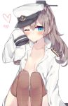  1girl admiral_(kantai_collection) admiral_(kantai_collection)_(cosplay) alternate_costume aqua_eyes blush breasts brown_hair brown_legwear hair_ornament hat highres jacket kantai_collection kumano_(kantai_collection) kvlen long_hair looking_at_viewer no_bra one_eye_closed open_clothes open_jacket ponytail sleeves_past_wrists smile solo thigh-highs 