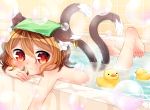  1girl :3 animal_ears bath bathing bathroom bathtub brown_hair bubble cat_ears cat_tail chen closed_mouth ibarashiro_natou jewelry looking_at_viewer multiple_tails nekomata nude red_eyes rubber_duck short_hair single_earring solo tail tile_wall tiles touhou towel towel_on_head two_tails water 