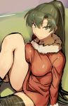  1girl black_legwear blush breast_press breasts closed_mouth couch earrings fire_emblem fire_emblem:_rekka_no_ken fur_collar fur_trim green_eyes green_hair jewelry knee_up knees_on_chest large_breasts long_sleeves looking_at_viewer lyndis_(fire_emblem) on_couch ponytail red_sweater shinon_(tokage_shuryou) single_thighhigh sitting sketch smile solo sweater thigh-highs 