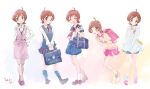  1girl backpack bag brown_hair formal green_eyes idolmaster idolmaster_million_live! kindergarten_bag kindergarten_uniform kinoshita_hinata loafers mary_janes multiple_views office_lady outfits randoseru riyo_(riyontoko) school_uniform serafuku shoes skirt skirt_set smile suit sweater_vest vest 