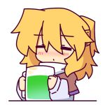  1girl =_= arm_warmers beer_mug blonde_hair blush chibi drink kakinoki_mikan_(kari) mizuhashi_parsee ponytail scarf solo touhou 