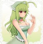  1girl :o antennae bare_arms bare_shoulders blush breasts choker cleavage cowboy_shot dress eyebrows eyebrows_visible_through_hair frilled_dress frills green_dress green_hair jewelry kuroonehalf large_breasts long_hair parted_lips red_eyes shiny shiny_skin sidelocks slime slug_girl solo strapless strapless_dress tsurime veil 