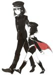  2boys bangs blunt_bangs bob_cut cape hat height_difference locon male_focus monochrome multiple_boys original shorts simple_background sock_garters spot_color walking white_background 