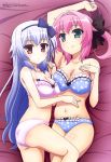  2girls absurdres arm_up armpits bare_shoulders blue_bra blue_hair blue_panties bow bow_bra bow_panties bra breasts cleavage expressionless frilled_bra frilled_panties frills green_eyes hair_bow highres long_hair looking_at_viewer miyase_mihiro multiple_girls narumi_toa navel official_art panties pink_bra pink_hair pink_panties polka_dot polka_dot_bra polka_dot_panties red_eyes shiny shiny_skin short_hair silver_hair skindentation smile strapless strapless_bra underwear underwear_only wagamama_high_spec 