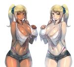  2girls blonde_hair bow_(bhp) breasts cleavage dark_skin green_eyes looking_at_viewer multiple_girls navel original panties ponytail purple_panties shorts simple_background smile thong underwear white_background 