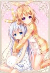  2girls bare_arms barefoot bloomers blue_eyes brown_hair frame gochuumon_wa_usagi_desu_ka? hair_ribbon hoto_cocoa hug hug_from_behind kafuu_chino kneeling leg_warmers long_hair long_sleeves looking_at_viewer multiple_girls nightgown open_clothes open_shirt ribbon riichu shirt silver_hair sitting sleeveless smile tippy_(gochuumon_wa_usagi_desuka?) underwear very_long_hair violet_eyes 