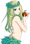  1girl absurdres apple blonde_hair blue_eyes breasts die_ying eve_(mythology) food from_side fruit highres leaf_skirt sideboob solo the_bible topless upper_body wreath 