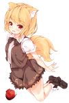  1girl animal_ears blonde_hair blush boots bow bowl bowtie cookie_(touhou) fox_ears fox_tail full_body highres looking_at_viewer maremay0513 miramikaru_riran original red_eyes shirt short_hair short_sleeves signature simple_background skirt skirt_set socks solo tail tongue tongue_out touhou vest white_background white_legwear 