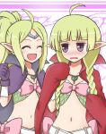  2girls ahoge bangs black_eyes blunt_bangs blush bow braid cape collarbone commentary_request embarrassed fire_emblem fire_emblem:_kakusei gloves green_hair hair_ornament looking_at_another midriff multiple_girls navel nn_(fire_emblem) nowi_(fire_emblem) open_mouth parted_bangs pink_bow pointy_ears reverse_(bluefencer) sidelocks smile twin_braids 