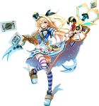  1girl alice_(wonderland) alice_(wonderland)_(cosplay) alice_read blonde_hair blue_eyes book card clock cosmic_break hair_ribbon highres key official_art pocket_watch ribbon solo striped striped_legwear watch 