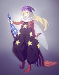  1girl alternate_costume american_flag baggy_pants blonde_hair clownpiece fairy_wings full_body hat jester jester_cap long_hair looking_at_viewer neck_ruff open_mouth pants polka_dot smile solo standing star touhou wings yamamomo_(plank) 