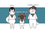  :3 animalization black_hair brown_hair closed_eyes dog english girls_und_panzer hair_ribbon kadotani_anzu kawashima_momo koyama_yuzu long_sleeves looking_at_viewer neckerchief onikobe_rin ponytail ribbon school_uniform serafuku short_hair standing twintails white_blouse 