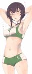  1girl armpits arms_behind_head bangs black_hair blush commentary girls_und_panzer green_shorts hot kawashima_momo looking_at_viewer monocle navel neck_ribbon ribbon short_hair short_shorts shorts solo sports_bikini sports_bra standing sweat sweating umiu_(hoge) 