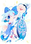  1girl arm_up blue blue_dress blue_eyes blue_hair blurry blush chabi_(amedama) chibi cirno dress full_body grin hair_ribbon highres ice ice_wings one_eye_closed paint paint_splatter puffy_sleeves ribbon short_hair short_sleeves simple_background smile solo text touhou white_background wings 