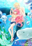  1boy 1girl absurdres air_bubble akubi_(akubi1993) beluga_whale blonde_hair bubble closed_eyes earrings fish_tail freediving green_eyes highres holding_breath jewelry long_hair merman monster_boy navel ocean orca original pink_hair short_shorts shorts signature swimming underwater 