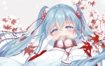  1girl aqua_eyes aqua_hair bison_cangshu blush breath fur_trim hatsune_miku highres japanese_clothes leaf looking_at_viewer maple_leaf mittens snow tagme twintails visible_air vocaloid 