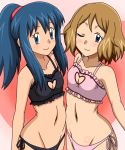  2girls ;) alternate_hairstyle black_bra black_panties blue_eyes blue_hair blush bra brown_hair cat_lingerie frilled_bra frills groin heart_cutout hikari_(pokemon) kuro_hopper looking_at_viewer multiple_girls one_eye_closed panties pink_bra pink_panties pokemon pokemon_(anime) ponytail serena_(pokemon) short_hair side-tie_panties smile underwear underwear_only 