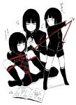  3boys bangs bdsm blunt_bangs bob_cut bondage book bound clapping height_difference locon male_focus monochrome multiple_boys no_shoes original shibari short_hair shorts simple_background smile sock_garters socks spot_color translation_request white_background 