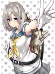  1girl absurdres belt blue_eyes breasts buttons collarbone eyes_visible_through_hair gloves grey_skirt hair_ornament hair_over_one_eye hairclip hamakaze_(kantai_collection) highres kantai_collection koinobori_(ajc90839) large_breasts looking_at_viewer machinery neckerchief outstretched_arm pleated_skirt polka_dot polka_dot_background school_uniform serafuku short_hair short_sleeves silver_hair skirt solo turret uniform white_gloves 