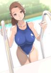  1girl :o brown_eyes brown_hair competition_swimsuit covered_nipples dtym highleg highleg_swimsuit highres long_hair looking_at_viewer one-piece_swimsuit original ponytail pool_ladder shiny shiny_clothes solo swimsuit thigh_gap 