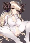  1girl ahoge anila_(granblue_fantasy) blonde_hair blush breasts cleavage eyebrows gloves granblue_fantasy highres horns large_breasts long_hair long_sleeves looking_at_viewer mitsurugi_aoi open_mouth sheep_horns simple_background smile solo thigh-highs white_legwear yellow_eyes 