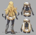  1girl armor armored_boots blonde_hair bodysuit boots butt_crack cape_removed detail from_behind full_body gauntlets hairband hushabye league_of_legends long_hair luxanna_crownguard miniskirt scarf skirt solo 