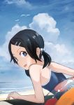  1girl against_railing bangs beach bird black_hair blue_eyes clouds from_behind hair_bobbles hair_ornament hairclip inami_hatoko innertube looking_at_viewer looking_back low_twintails open_mouth original parted_bangs school_swimsuit sky solo swimsuit twintails upper_body 