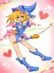  1girl :d adjusting_clothes adjusting_hat bare_shoulders blonde_hair blue_boots blush_stickers boots bracer breasts capelet chiyo_(no3baki) choker cleavage commentary_request dark_magician_girl duel_monster full_body green_eyes hat heart heart_background long_hair looking_at_viewer open_mouth pentacle pink_skirt skirt smile solo staff wizard_hat yuu-gi-ou yuu-gi-ou_duel_monsters 