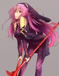  1girl armor bodysuit breasts covered_navel fate/grand_order fate_(series) gae_bolg highres long_hair orihiro0614 pauldrons polearm purple_hair red_eyes scathach_(fate/grand_order) solo spear veil weapon 