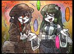  +++ 2girls alternate_costume bag bangs bird black_border black_hair blush_stickers border brown_jacket detached_sleeves eyebrows eyebrows_visible_through_hair flat_cap frog_hair_ornament green_eyes green_hair green_necktie hair_between_eyes hair_ornament hair_tubes hat jacket kochiya_sanae line_shading long_hair long_sleeves multiple_girls necktie notebook one_eye_closed open_mouth orange_eyes pen pointy_ears shameimaru_aya short_hair shrug sidelocks smile snake_hair_ornament speech_bubble suenari_(peace) touhou very_long_hair white_skin wide_sleeves writing 