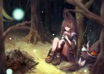  1girl animal_ears boots broom brown_eyes brown_hair campfire dark eating fantasy food forest hat hat_removed headwear_removed light_particles long_hair midriff nature night original roll_okashi sitting skirt smile solo tree witch witch_hat 