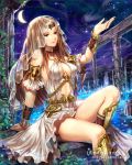  1girl arm_support armband bare_shoulders belt brown_eyes brown_hair choker crescent_moon fantasy gabiran greaves jewelry lips moon navel night official_art sitting solo star tenkuu_no_crystalia vambraces water waterfall 