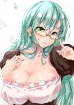  1girl alternate_costume aqua_hair bespectacled blush breasts cleavage collarbone finger_to_glasses glasses green_eyes hair_ornament hairclip highres kantai_collection large_breasts long_hair looking_at_viewer orange-framed_glasses puffy_short_sleeves puffy_sleeves sankakusui_(deltawhite) short_sleeves solo suzuya_(kantai_collection) teeth underbust upper_body 