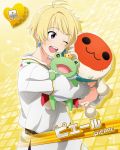  1boy :3 ;) ;d blonde_hair blush card_(medium) character_doll character_name crown earrings heart idolmaster idolmaster_side-m jewelry male_focus official_art one_eye_closed open_mouth pierre_(idolmaster) smile solo stuffed_animal stuffed_frog stuffed_toy taiko_no_tatsujin wada_don 