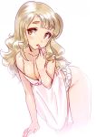  1girl all_fours blush breasts brown_eyes brown_hair cleavage collarbone eyebrows frilled_panties frills holding idolmaster idolmaster_million_live! joey_koguma lingerie lipstick long_hair makeup miyao_miya negligee off_shoulder panties simple_background sketch solo thick_eyebrows underwear white_background white_panties 