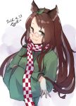  1girl animal_ears brown_eyes brown_hair futatsuiwa_mamizou futatsuiwa_mamizou_(human) glasses hair_ornament highres japanese_clothes leaf leaf_hair_ornament leaf_on_head long_hair miysin scarf smile solo touhou 