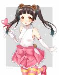  1girl :d amayadori_machi animal_ears bangs bear_ears bear_tail black_hair blunt_bangs bow brown_eyes dated elbow_gloves fake_animal_ears gloves hairband hattori_masaki heart kumamiko long_hair mary_janes open_mouth ribbon-trimmed_gloves ribbon_trim shide shoes sleeveless smile solo sparkle standing_on_one_leg striped striped_legwear tail thigh-highs twintails wand white_gloves 