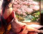  1girl alternate_costume bare_back barefoot black_hair blush cherry_blossoms demon_archer fate/grand_order fate_(series) from_behind japanese_clothes kimono long_hair looking_back mia_(gute-nacht-07) pond porch red_eyes solo 