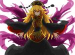  1girl blonde_hair chinese_clothes evil_grin evil_smile fox_tail glowing glowing_eyes grin hat junko_(touhou) kan_(aaaaari35) long_hair red_eyes shaded_face smile solo tail touhou wide_sleeves 