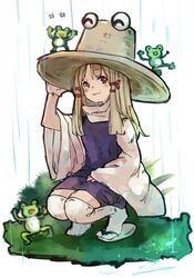  1girl blonde_hair chobi_(sakuyasakuhana) flip-flops frog grass hat leaf long_sleeves moriya_suwako purple_skirt pyonta rain ribbon sandals single_shoe sketch skirt skirt_set solo touhou turtleneck white_legwear wide_sleeves yellow_eyes 