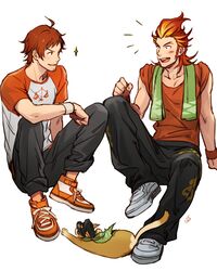  2boys akai_suzaku blush facial_hair hat idolmaster idolmaster_side-m iwa_(iwa000ima) kanji male_focus multicolored_hair multiple_boys nyako_(idolmaster) open_mouth redhead scales shoes sideburns simple_background sitting sleeves_rolled_up sneakers spiky_hair stubble tendou_teru towel towel_around_neck two-tone_hair white_background 