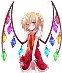  1girl blonde_hair blush flandre_scarlet haiiro_(immature) looking_at_viewer no_hat pointy_ears red_eyes red_skirt short_hair side_ponytail simple_background skirt solo touhou white_background wings 