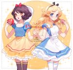  2girls :o adapted_costume alice_(wonderland) alice_in_wonderland apple apron artist_name bangs black_bow black_hair black_legwear blonde_hair blue_dress blue_eyes blush border bow company_connection cookie copyright_name cowboy_shot crossover disney dotted_line dress eyebrows eyebrows_visible_through_hair food frilled_dress frills fruit hair_bow hairband heart holding holding_food holding_fruit holding_hands long_hair looking_at_viewer messy_hair multiple_girls open_mouth orange_eyes pleated_dress puffy_short_sleeves puffy_sleeves red_bow seoji short_hair short_sleeves skirt snow_white snow_white_and_the_seven_dwarfs sparkle swept_bangs thigh-highs watermark web_address white_legwear yellow_skirt 