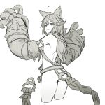  1girl ? animal_ears arm_up ass bottomless claws granblue_fantasy greyscale hood looking_at_viewer looking_back monochrome no_panties robo8 sen_(granblue_fantasy) simple_background smile solo 