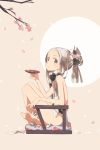  1girl alcohol bare_legs barefoot brown_eyes cherry_blossoms commentary_request crossed_legs dress hair_ornament highres indian_style ka-no long_hair looking_at_viewer looking_to_the_side original ponytail sakazuki sake silver_hair sitting sleeveless sleeveless_dress solo white_dress 