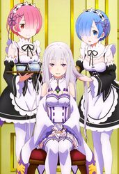  3girls :d absurdres apron bangs bare_shoulders black_ribbon blue_eyes blue_hair blue_ribbon blunt_bangs blush bow breasts chair cleavage cleavage_cutout closed_mouth cup detached_sleeves emerald emilia_(re:zero) flower frills gem hair_brush hair_brushing hair_over_one_eye hair_ribbon hairband hands_together highres holding holding_hair indoors legs_together light_smile long_hair long_sleeves looking_at_viewer maid multiple_girls official_art open_mouth pantyhose pink_hair pleated_skirt pointy_ears puffy_detached_sleeves puffy_sleeves purple_ribbon ram_(re:zero) re:zero_kara_hajimeru_isekai_seikatsu red_eyes rem_(re:zero) ribbon short_hair siblings silver_hair sisters sitting skirt small_breasts smile standing teacup teapot thigh-highs tray turtleneck twins underbust very_long_hair violet_eyes waist_apron white_legwear wide_sleeves x_hair_ornament zettai_ryouiki 